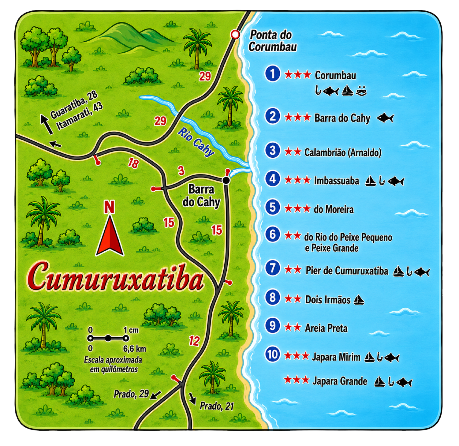 Mapa de Cumuruxatiba e região, sul da Bahia